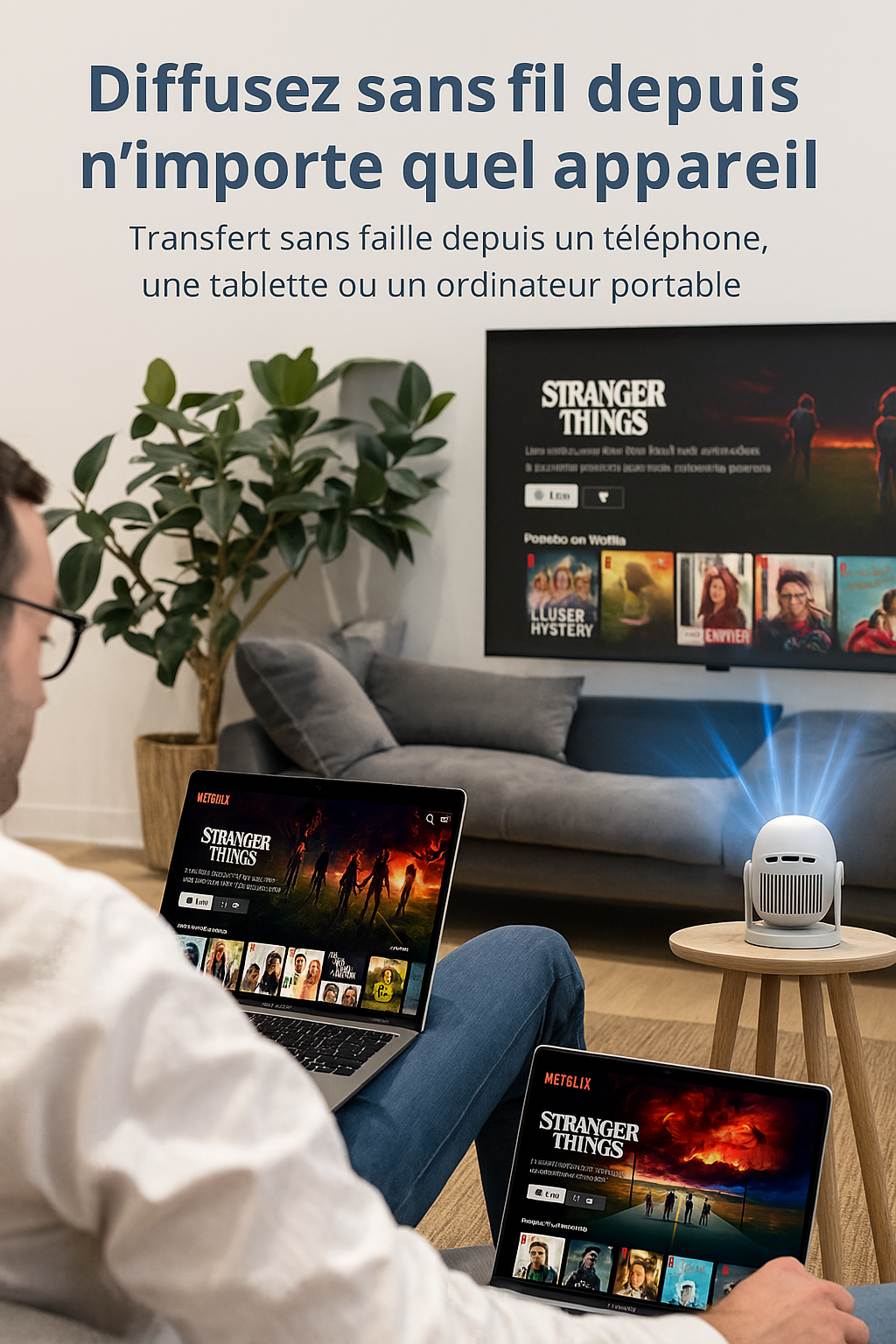Mini Projecteur Portable HD 1080p  – WiFi, Bluetooth 5.4, Connexion HDMI/USB, Idéal Cinéma Maison et Extérieur