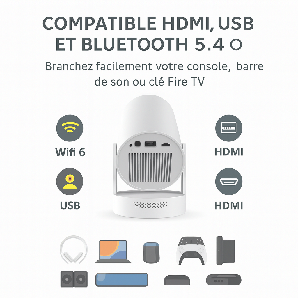 Mini Projecteur Portable HD 1080p  – WiFi, Bluetooth 5.4, Connexion HDMI/USB, Idéal Cinéma Maison et Extérieur