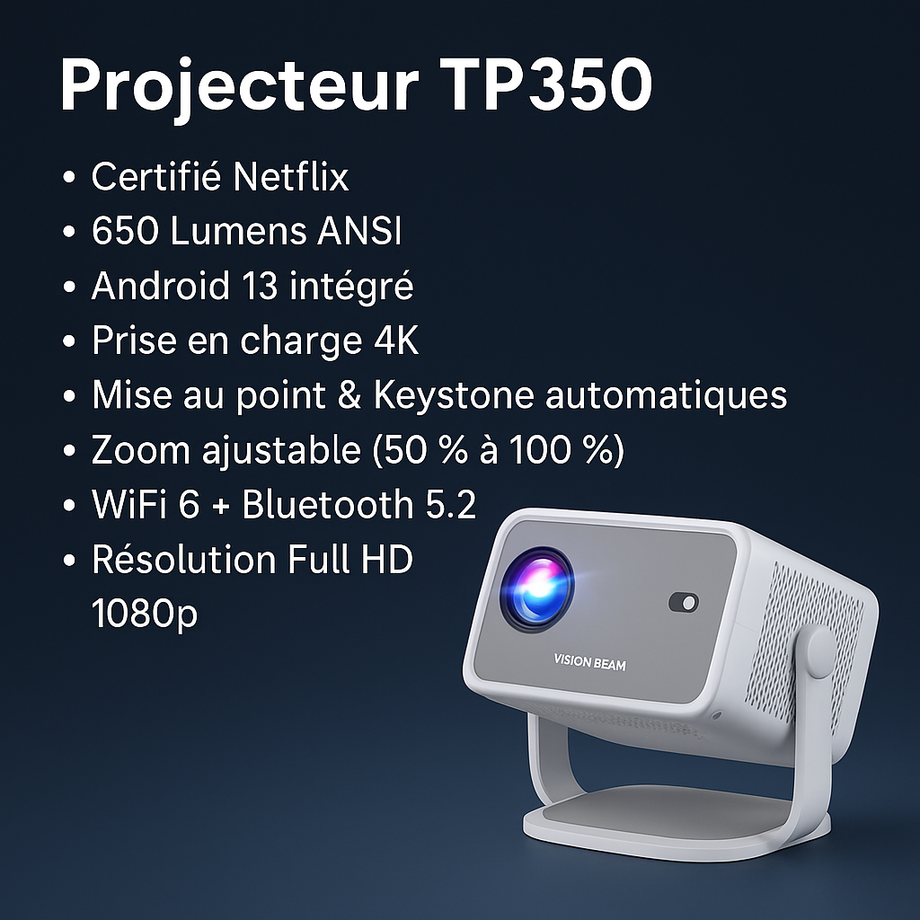 Vidéo Projecteur Android 13 TP350 – Full HD 1080p, 650 ANSI, Netflix Officiel, WiFi 6, Bluetooth 5.2, HDMI/USB – Auto Keystone