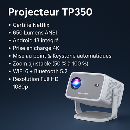 Vidéo Projecteur Android 13 TP350 – Full HD 1080p, 650 ANSI, Netflix Officiel, WiFi 6, Bluetooth 5.2, HDMI/USB – Auto Keystone